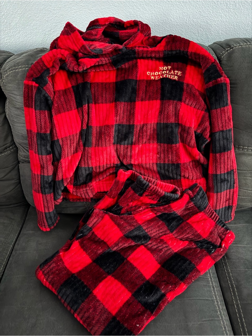 Red and Black Buffalo Plaid Fleece Pajama Set - 'Hot Chocolate Weather'